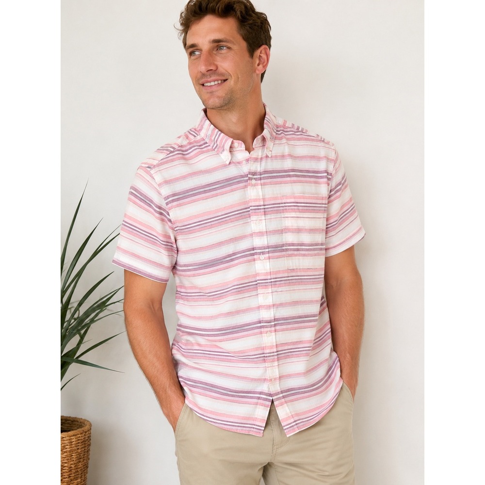 Sonoma Men's Large Tall Short-Sleeve Stripe Button-Down Shirt - Pink White
